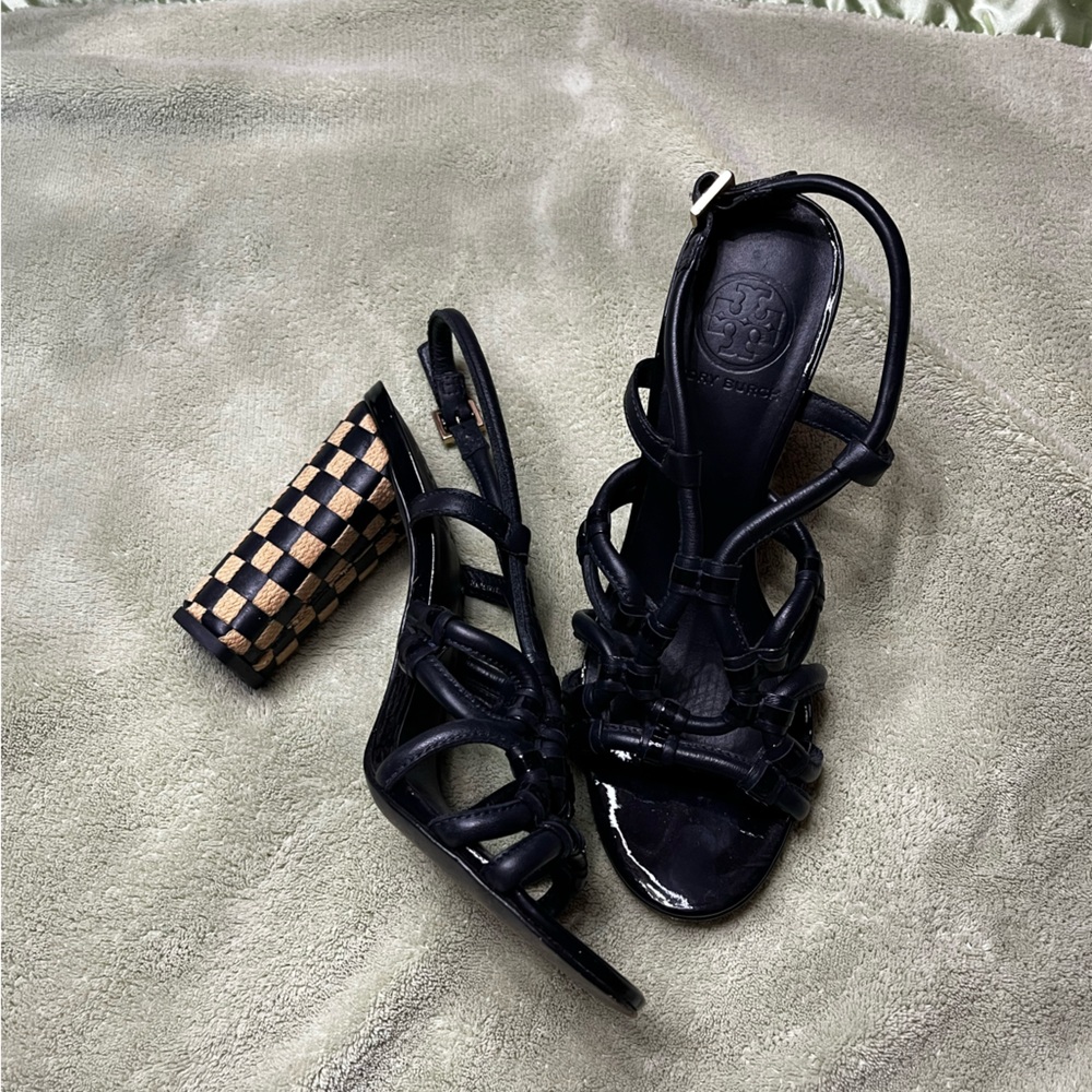 Tory Burch Black and Tan Strappy Block Heels - Picture 8 of 15